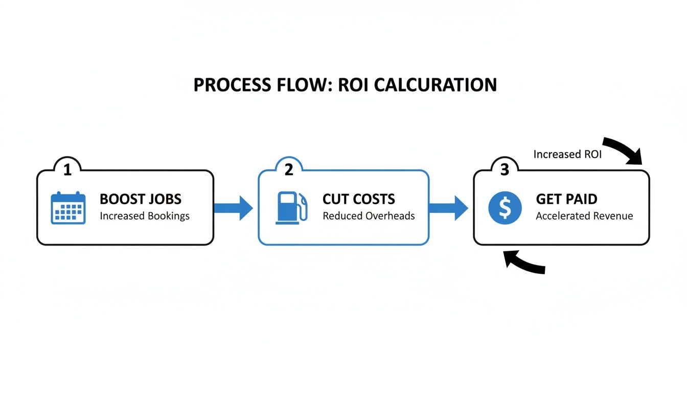 A process flow diagram showing ROI calculation with steps: boost jobs, cut costs, and get paid.