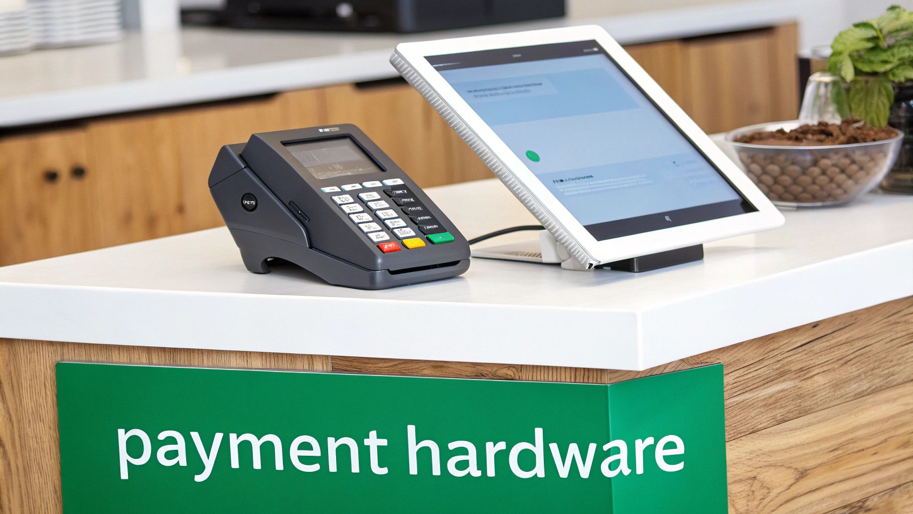 A gray payment terminal and a white tablet display on a modern counter with a 'payment hardware' sign.