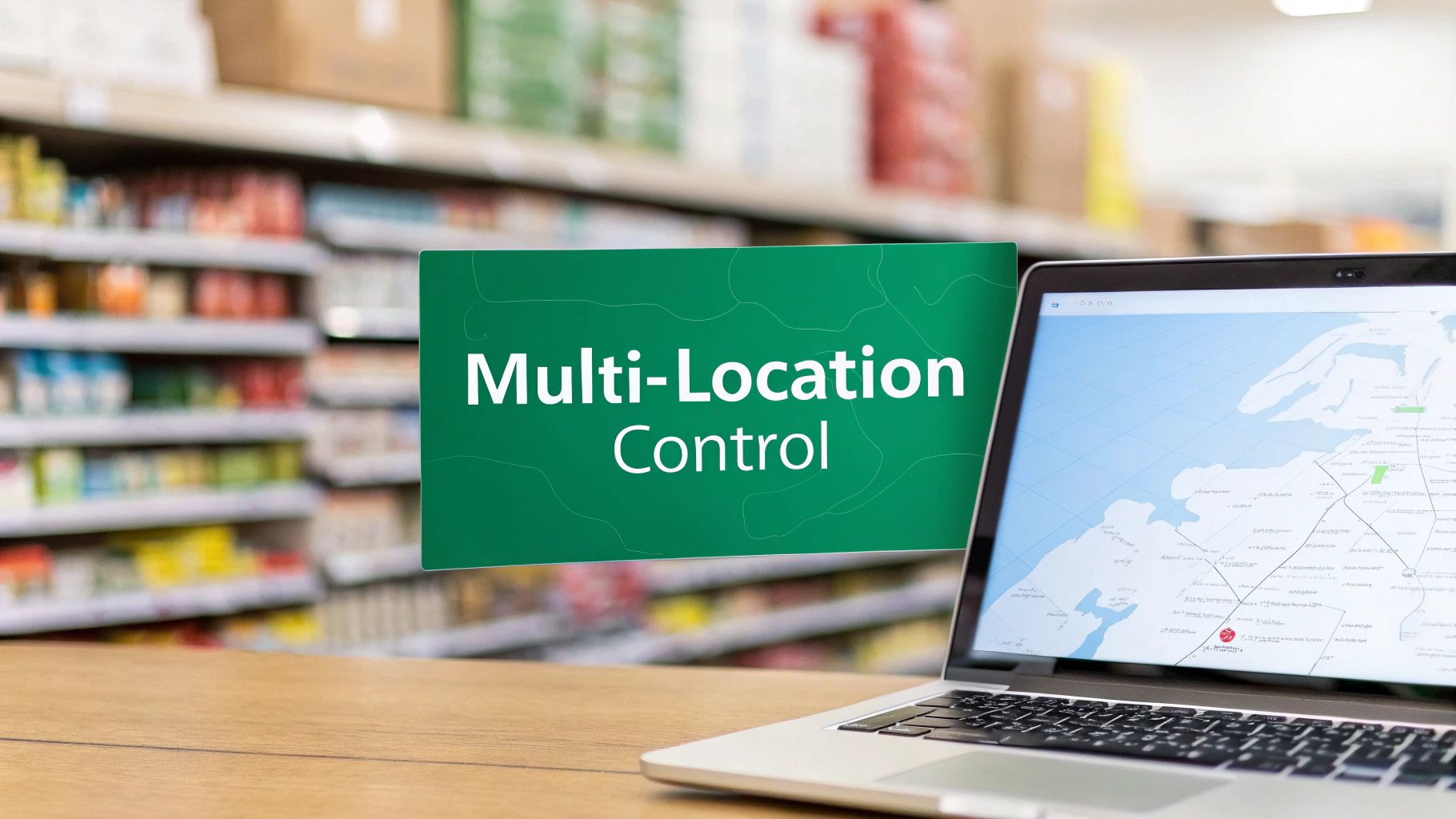 A laptop on a wooden table displays a map, with a 'Multi-Location Control' sign in a store aisle.