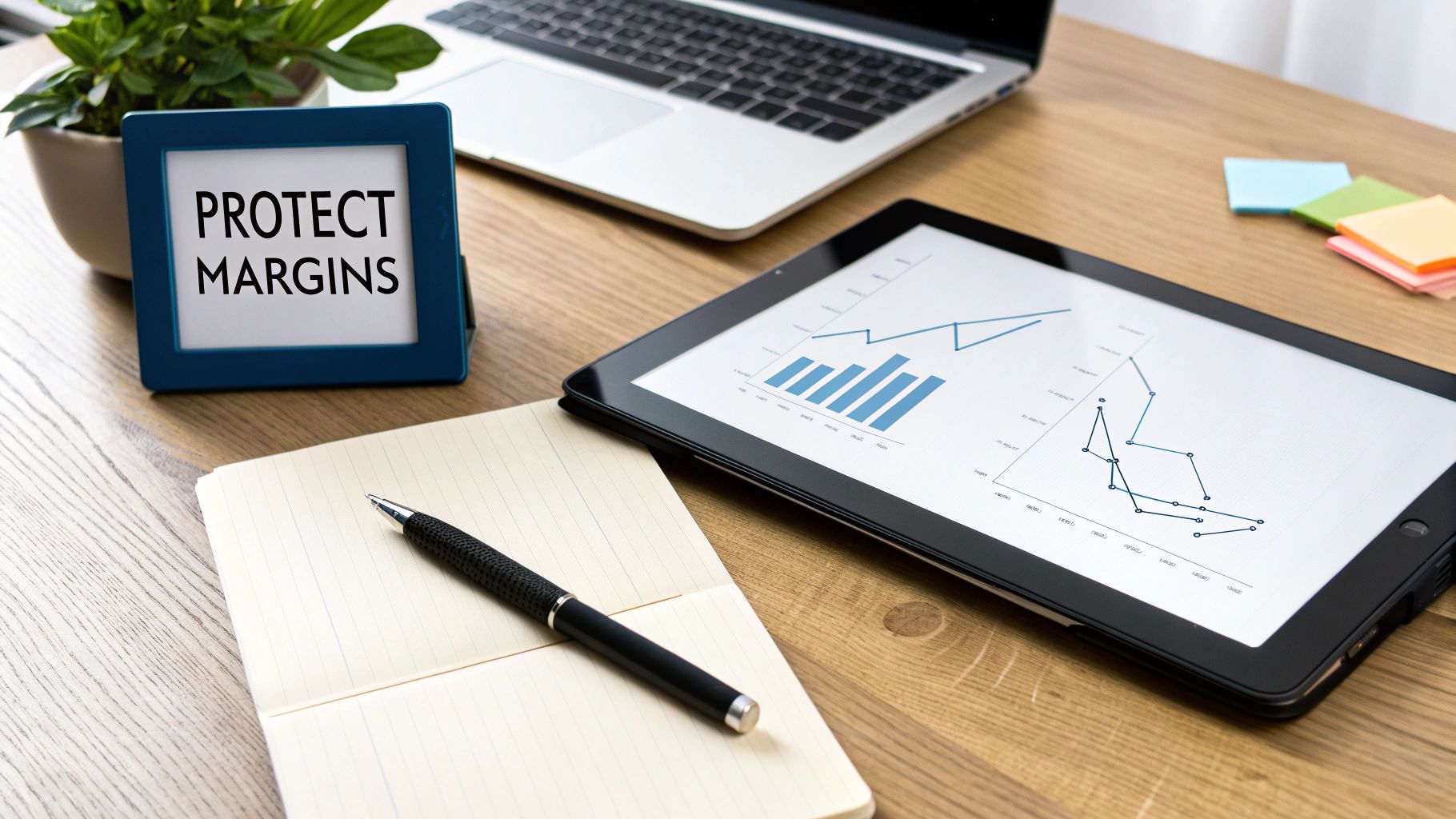 Best Field Management Software Tackon FSM in Your Guide to a Purchase Ordering System for Contractors 5 A desk with a laptop, tablet displaying graphs, notepad, pen, and a frame stating 'PROTECT MARGINS'.