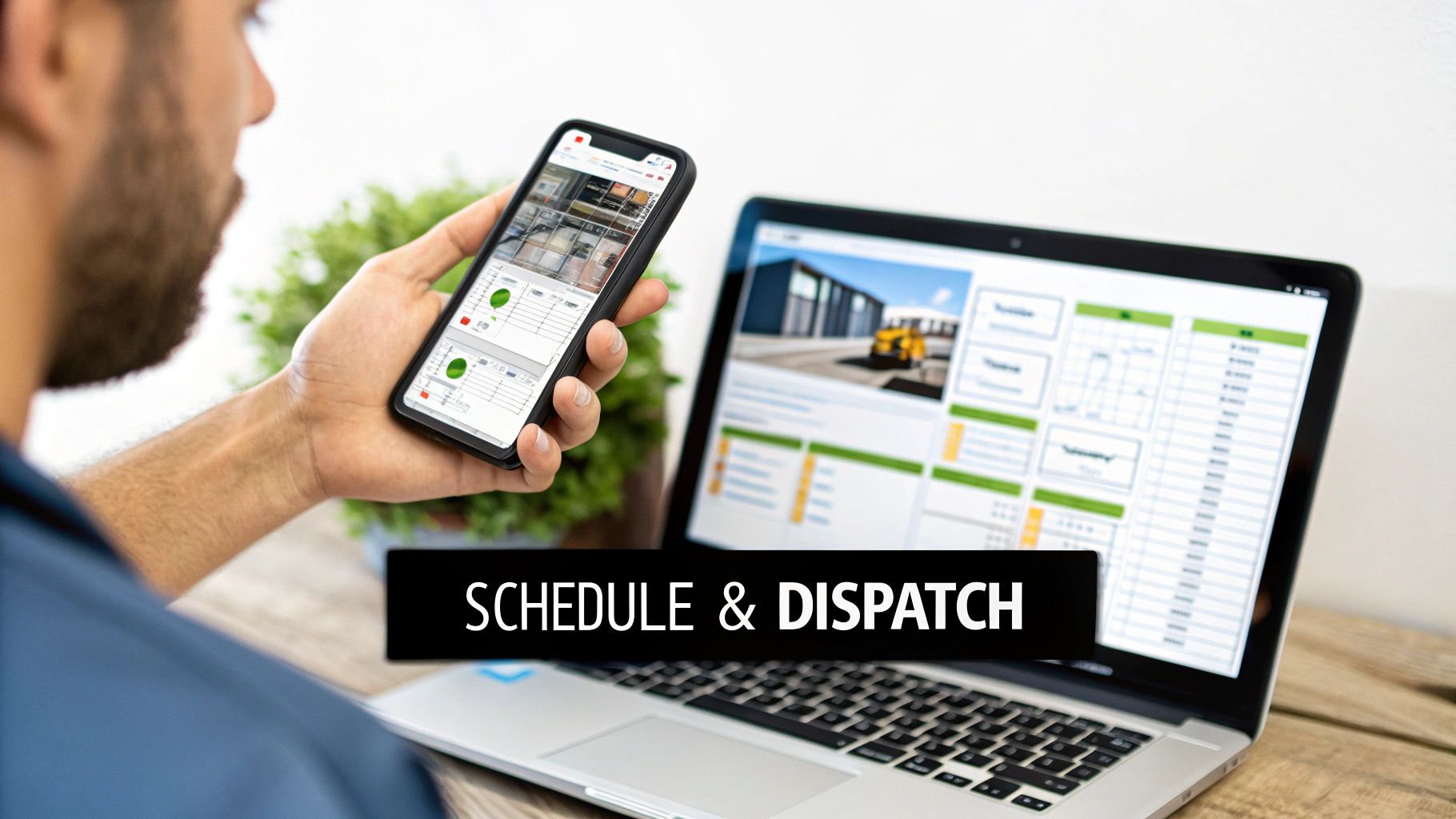 A person uses a smartphone and laptop to manage work orders and schedule dispatches.