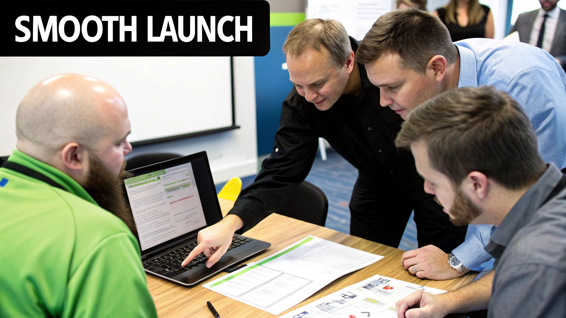 Best Field Management Software Tackon FSM in A Guide to Electrical Contractor Job Management Software 4 Four men collaborate around a laptop and documents during a business meeting.