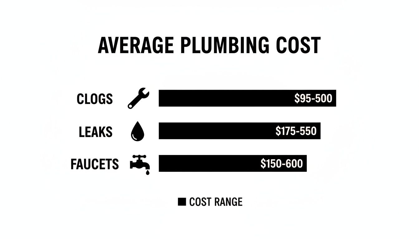 A chart illustrating average plumbing costs for clogs, leaks, and faucets with their respective price ranges.