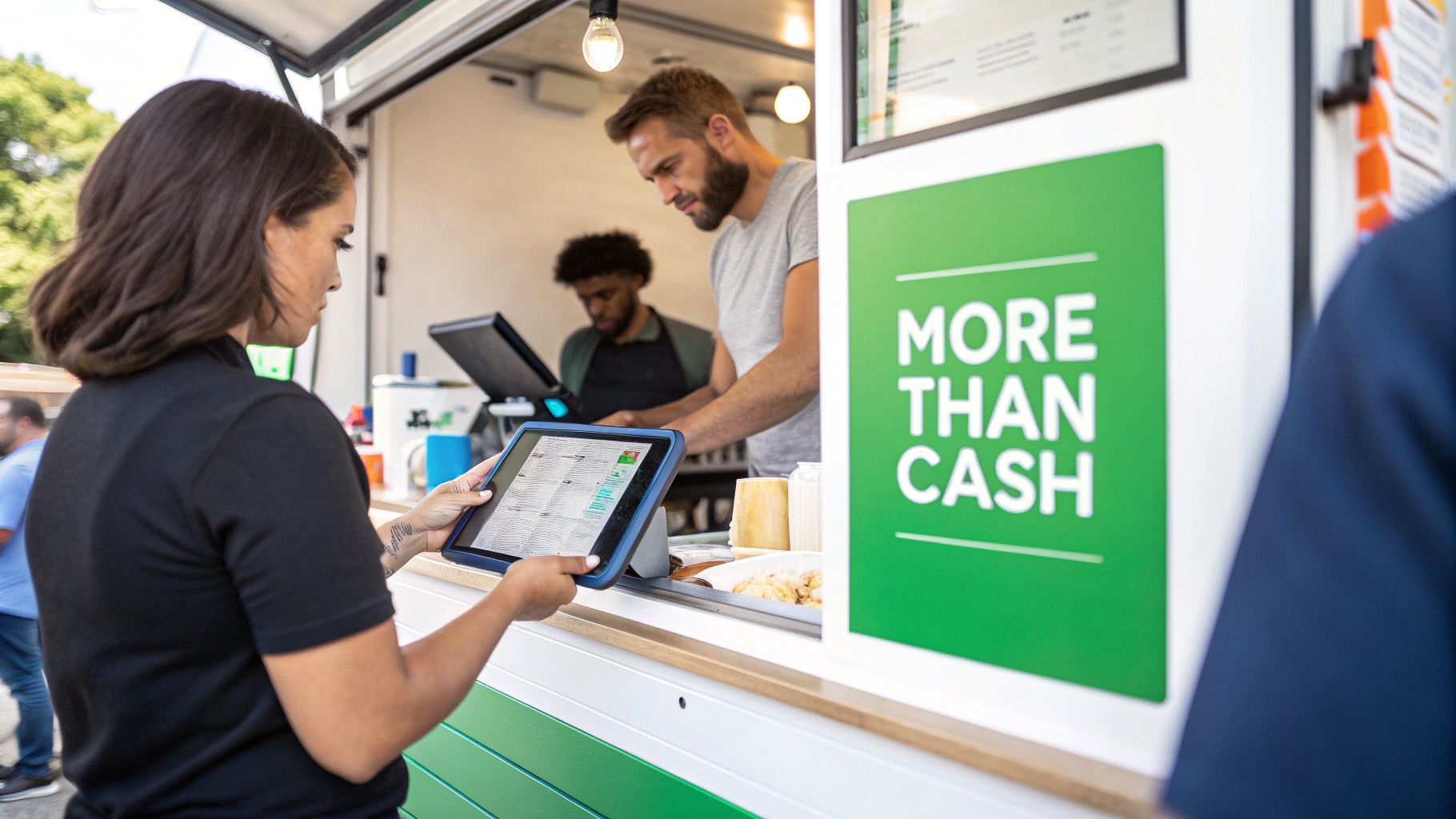 A customer orders food at a food truck using a tablet POS system with staff inside.