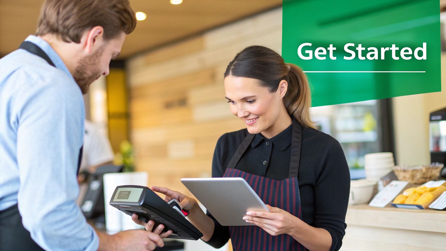 Two smiling baristas process a customer payment using a terminal and tablet.
