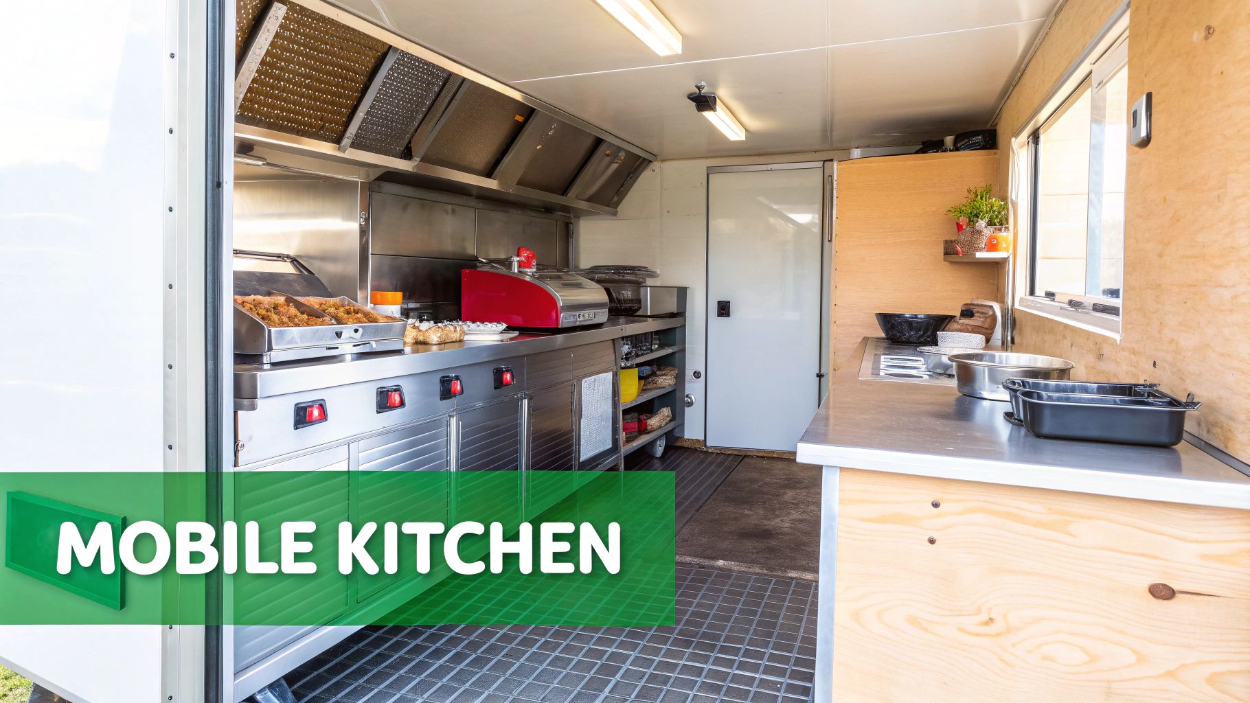 Inside a modern mobile kitchen or food truck with shiny stainless steel equipment and wooden walls.