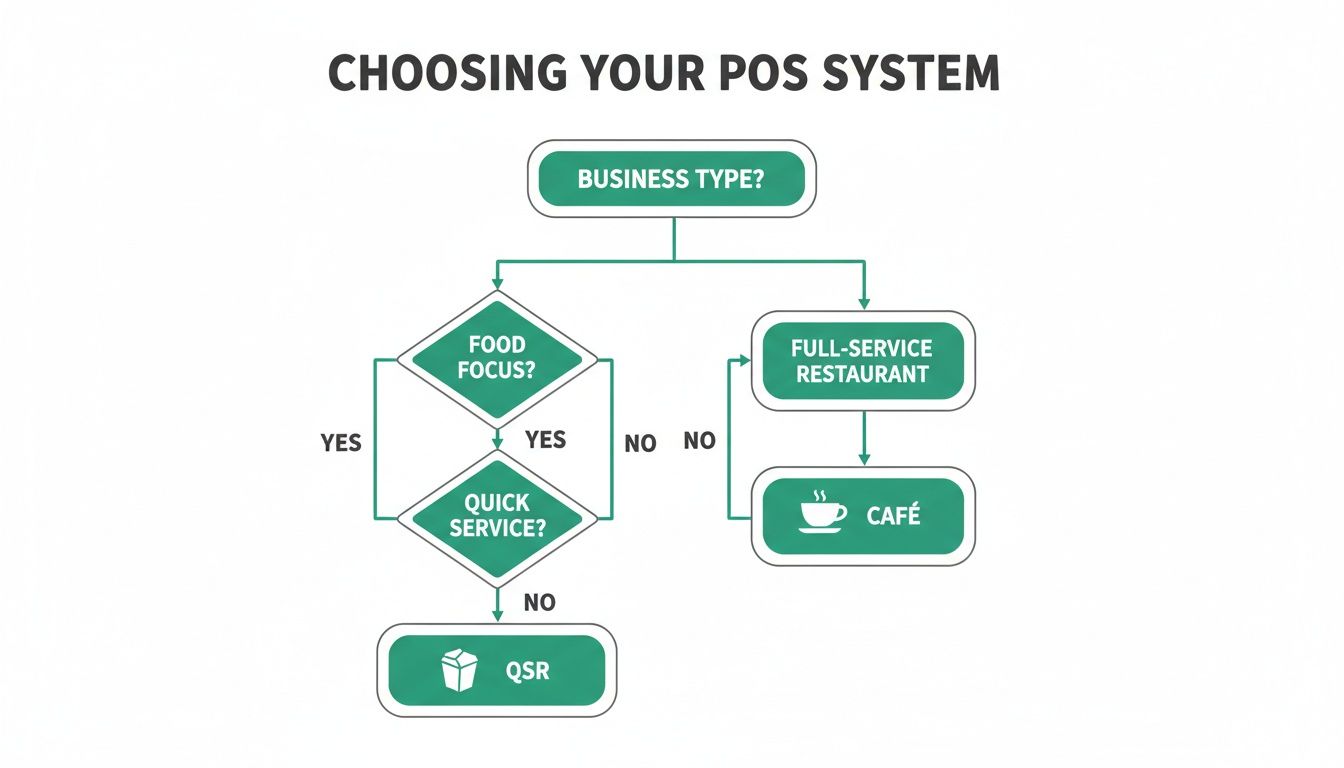 Flowchart illustrating POS system selection for different food businesses: QSR, full-service restaurant, and cafe.