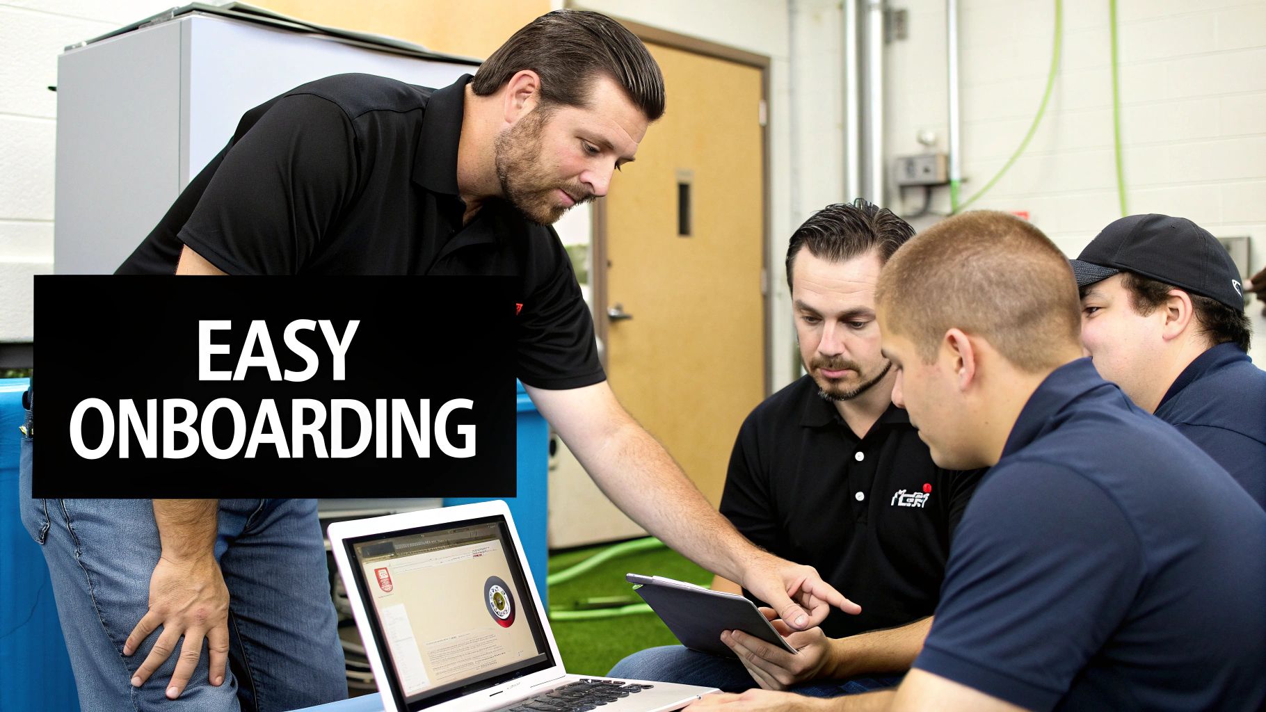 Best Field Management Software Tackon FSM in A Complete Guide to HVAC Service Business Software 4 An instructor demonstrates software on a tablet to a group of men during an onboarding session.