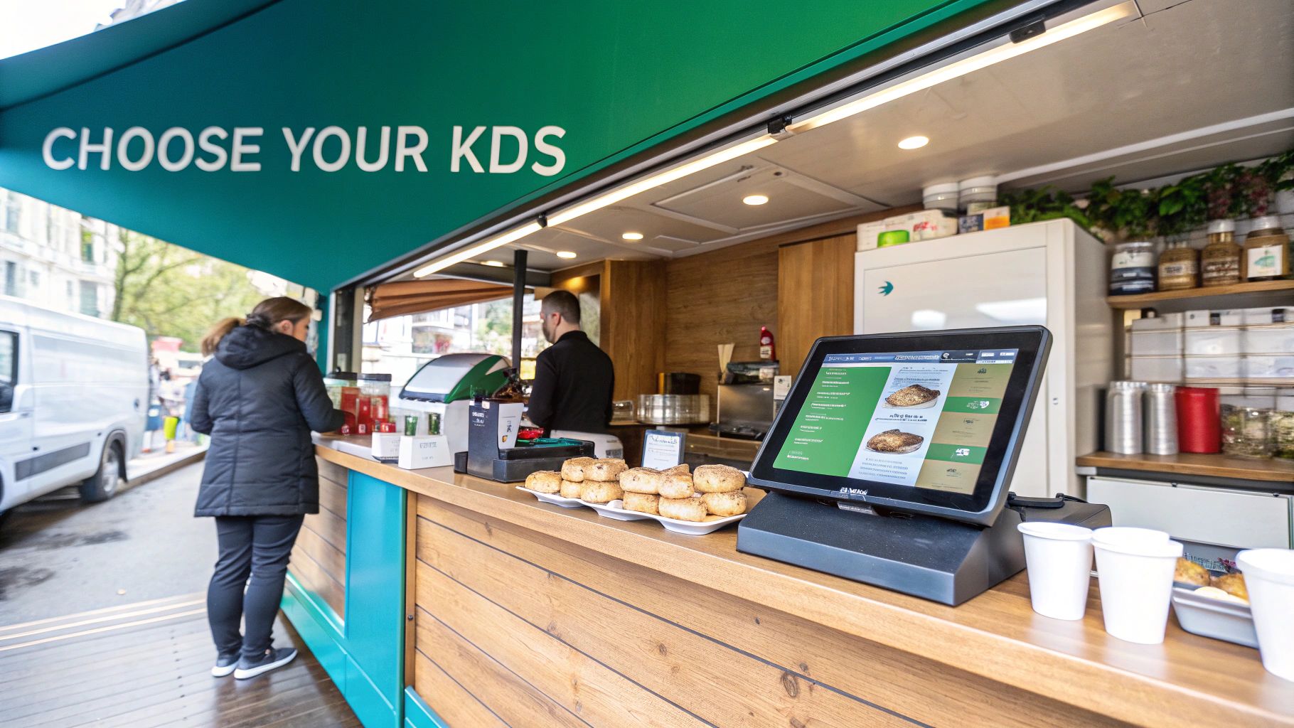 A customer orders from a vibrant food stand with a digital menu (KDS) and baked goods.