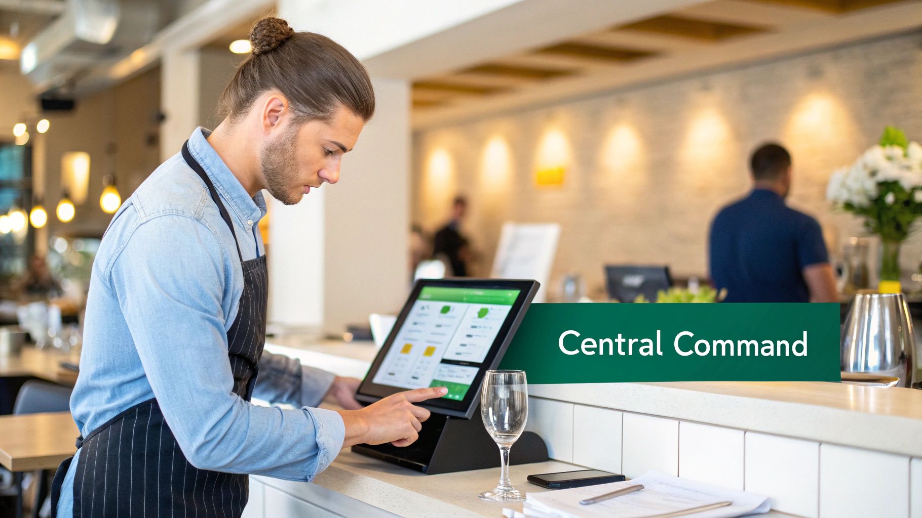 A restaurant manager using a tablet-based POS system to manage orders and staff.