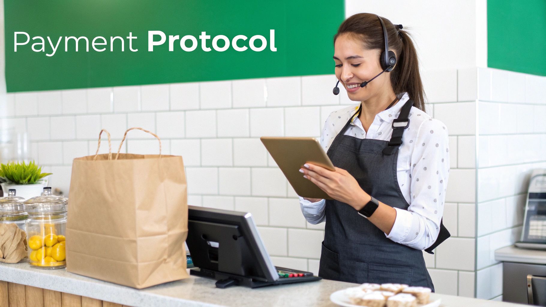 A smiling female cashier wearing an apron and headset uses a tablet at a cafe counter.