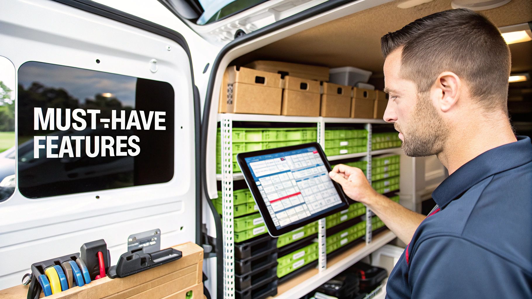 Best Field Management Software Tackon FSM in Free Field Service Management Software: Your Quick Guide to the Right Solution 4 A service technician in a white van uses a tablet, checking inventory on organized shelves.
