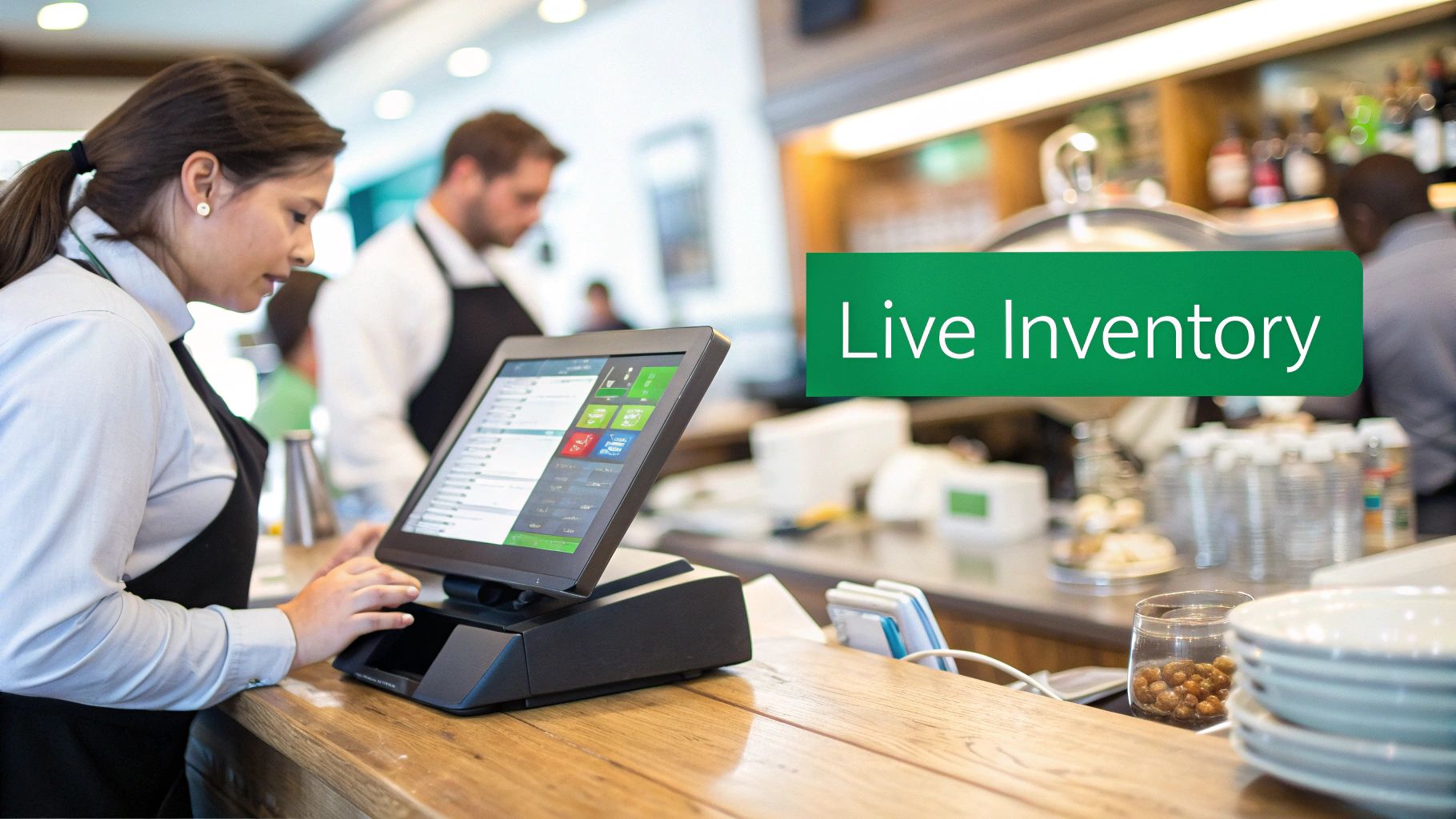 A server uses a modern touchscreen POS system at a cafe counter, displaying live inventory.