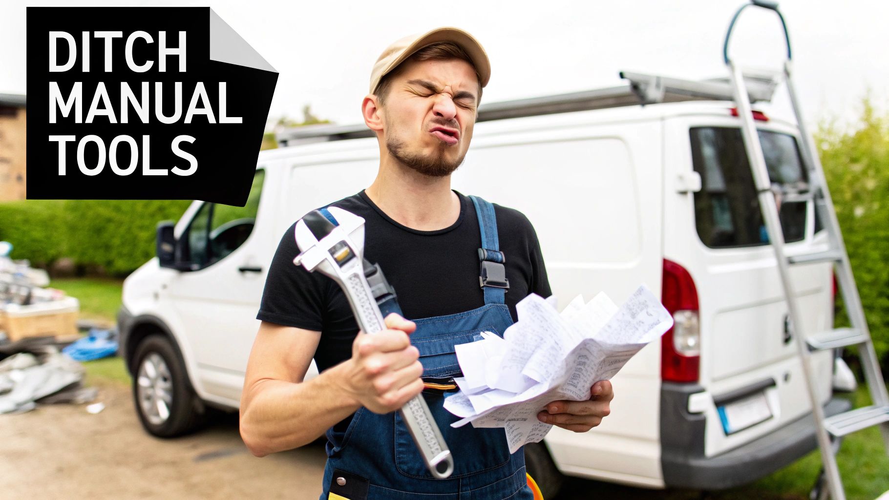 A frustrated handyman holds a wrench and crumpled papers, conveying annoyance with manual tools, near a white service van.