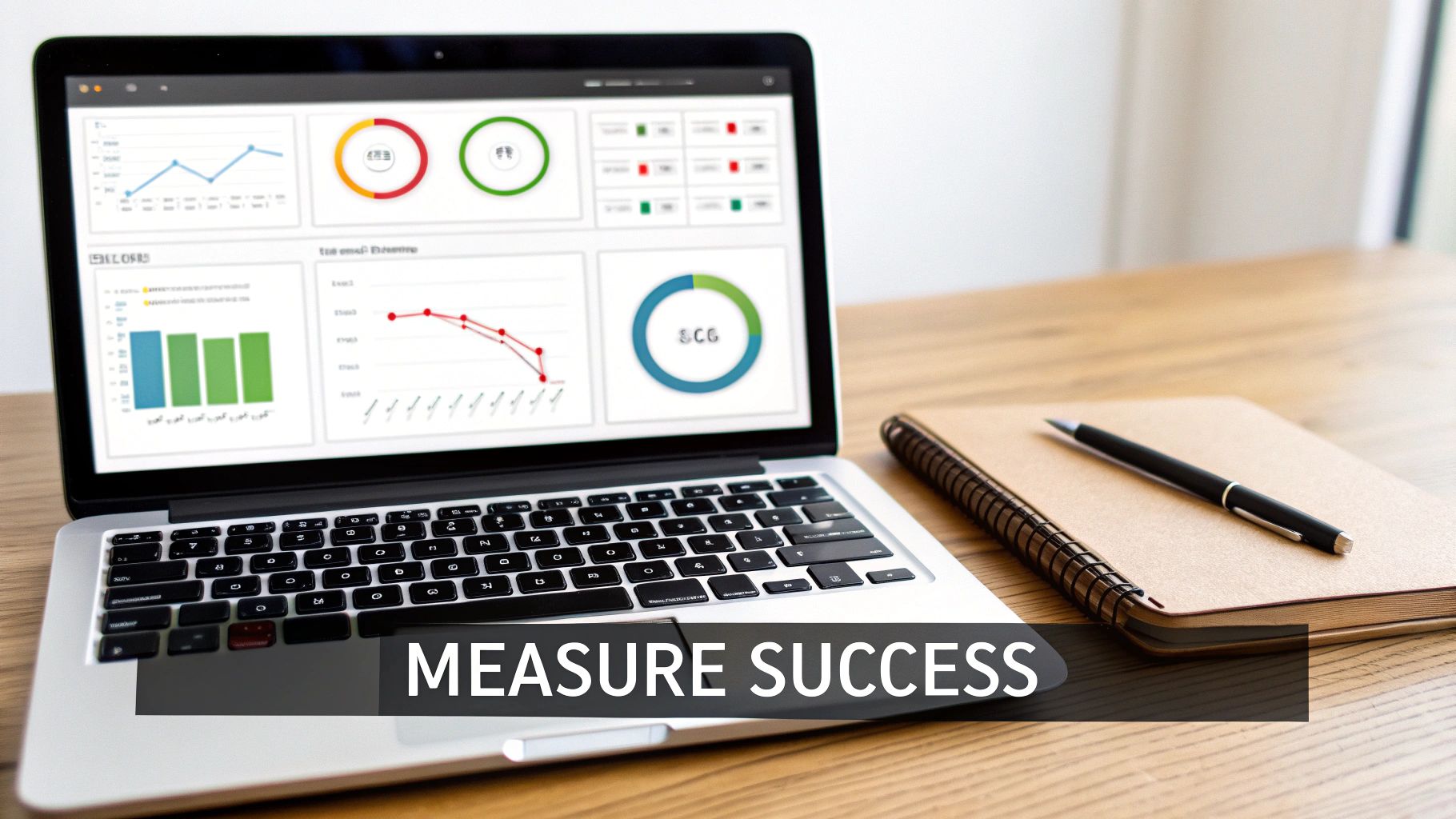 Best Field Management Software Tackon FSM in Choosing Software For HVAC Business A Practical Guide 6 A laptop displaying a business intelligence dashboard with charts and graphs, next to a notebook and pen.