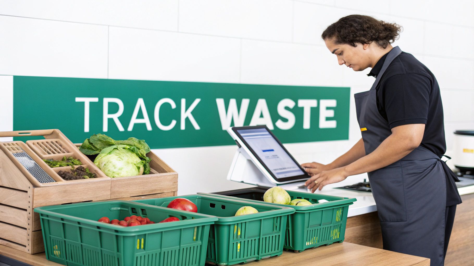A worker tracks food waste on a tablet, with fresh produce and organic waste containers nearby.
