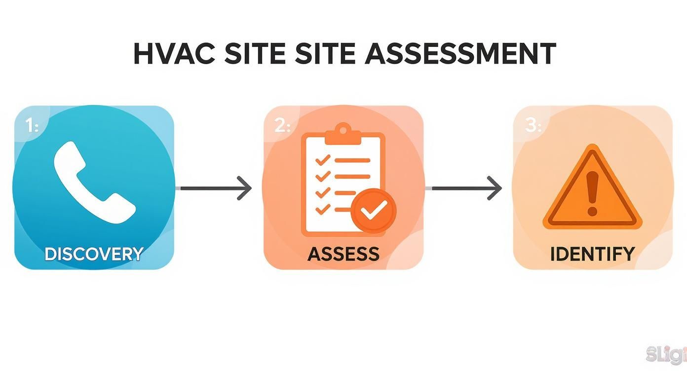 Infographic showing three steps of HVAC site assessment: Discovery, Assess, and Identify.