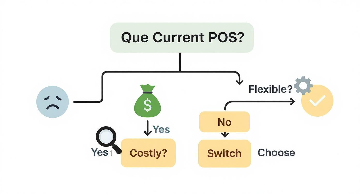 Infographic decision tree for choosing a POS system, asking about current POS, cost, and flexibility.