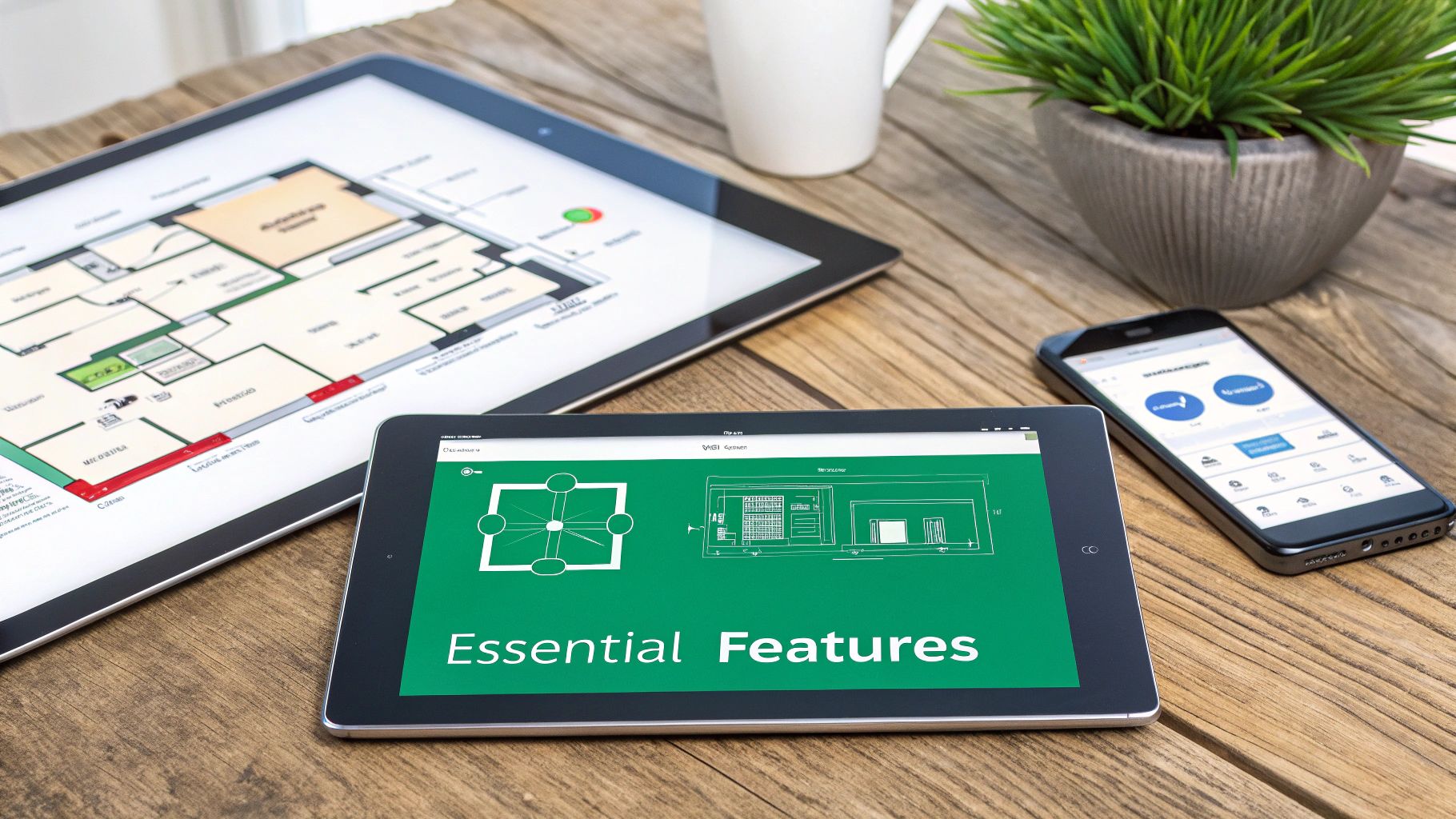 Digital workspace showing tablets with architectural plans and app features, a smartphone, coffee mug, and plant.