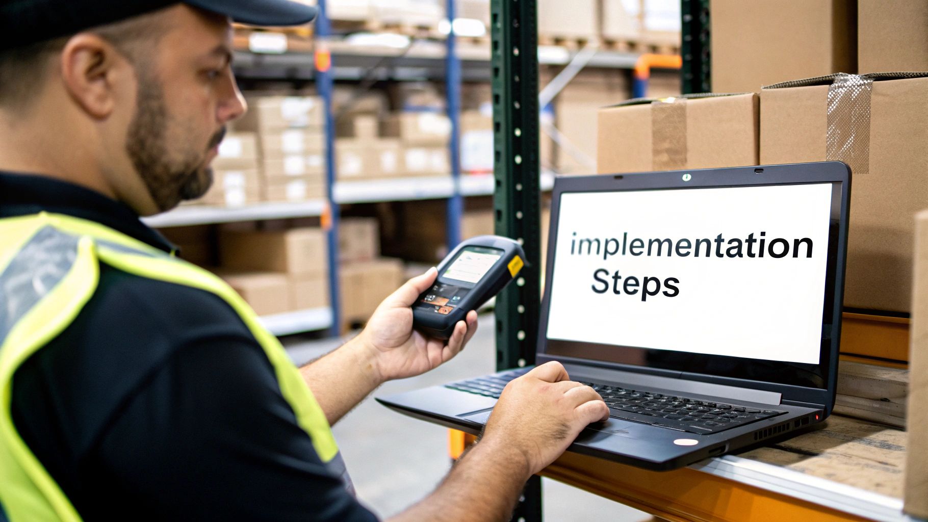 Best Field Management Software Tackon FSM in Small Business Inventory Control System A Path to Higher Margins 5 Man in a warehouse using a handheld scanner and laptop showing 'Implementation Steps' on screen.