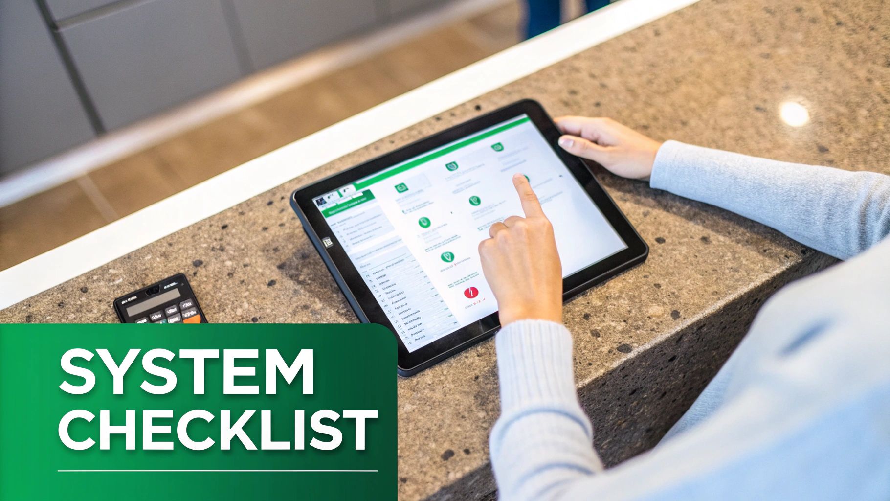 Person interacting with a tablet displaying a system checklist, with a calculator on the counter.