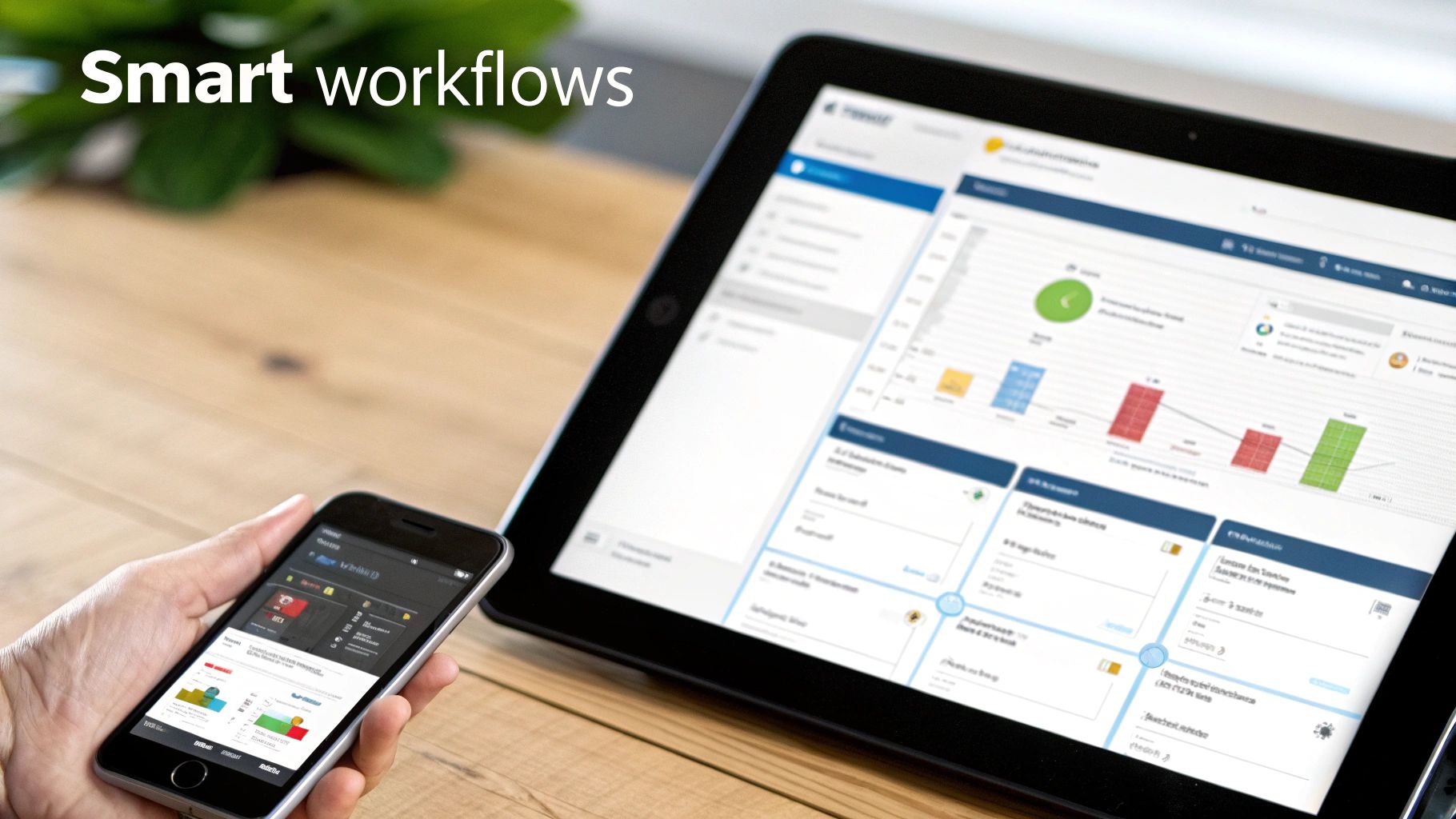 Hand holding a smartphone displaying business data, with a tablet showing detailed analytics for smart workflows.