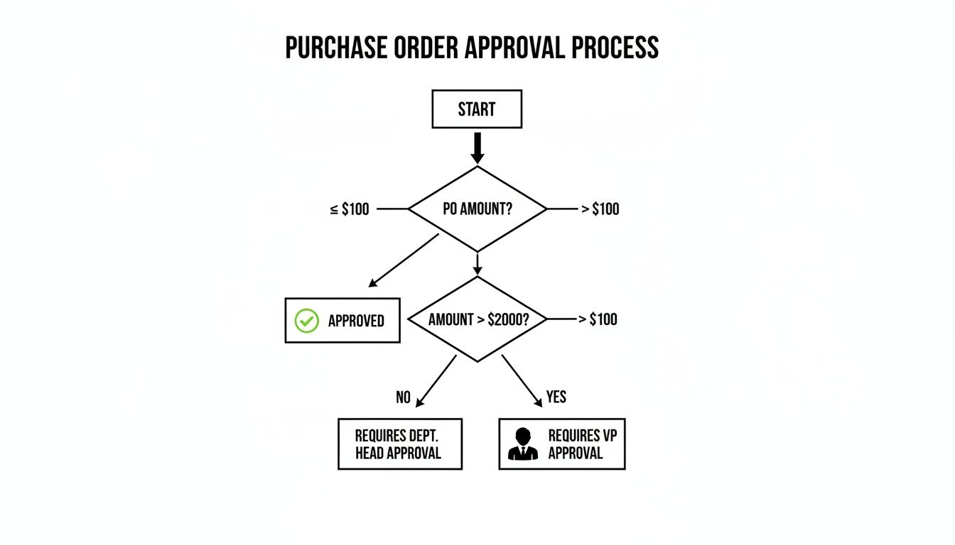 Best Field Management Software Tackon FSM in Managing Purchase Orders: A Practical Guide (managing purchase orders) 3 Diagram outlining a purchase order approval process, with different approval levels for various amounts.