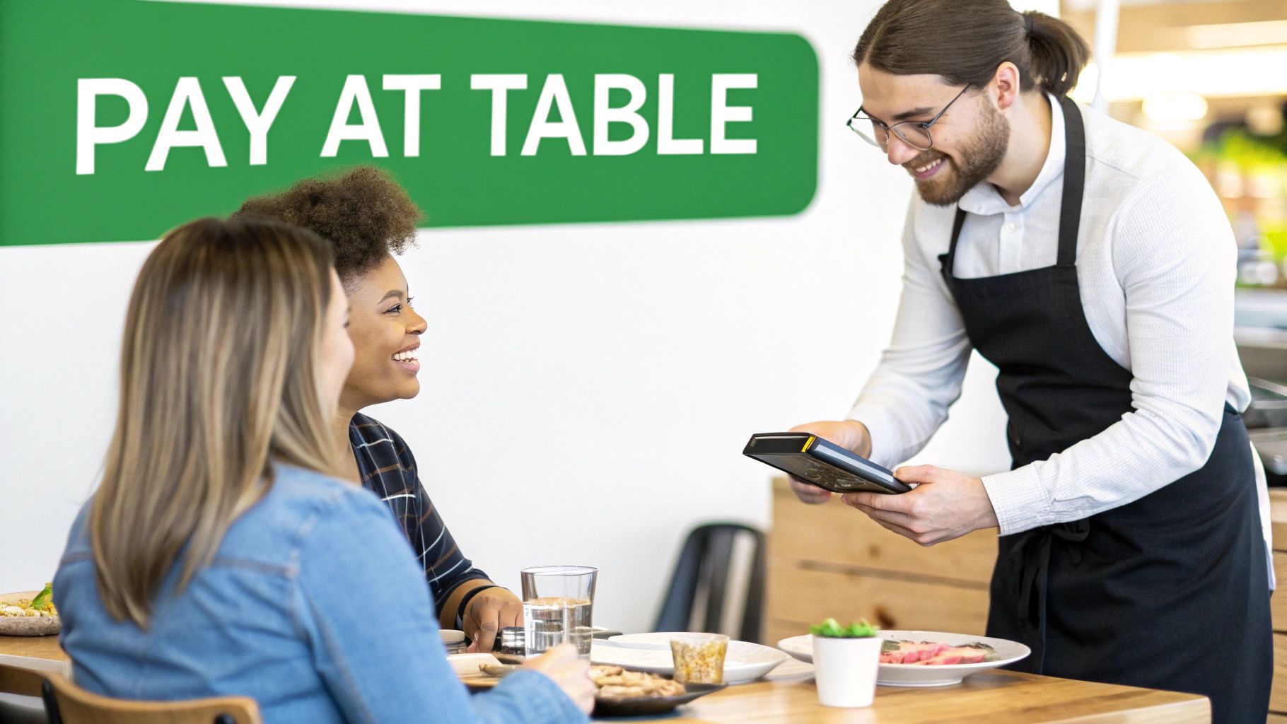 A smiling waiter holds a payment terminal for two happy customers at a restaurant table with a 'PAY AT TABLE' sign.
