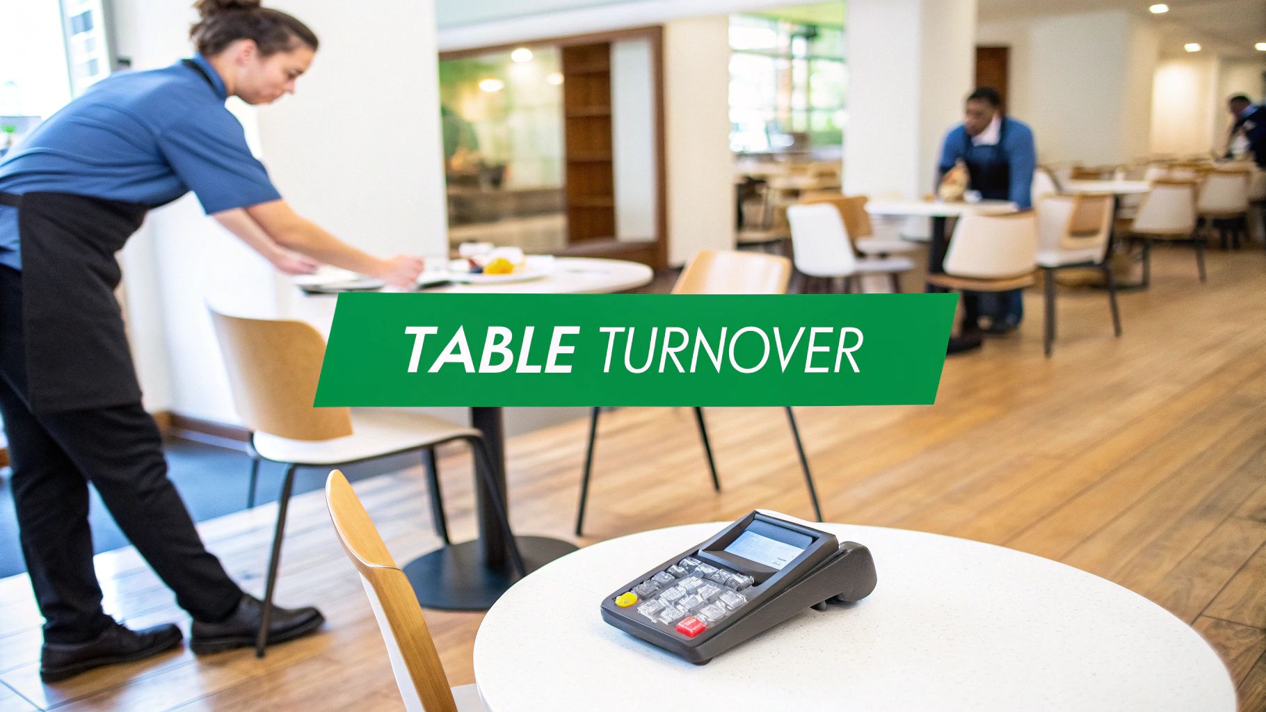 Restaurant staff efficiently clean and prepare tables, while a payment terminal rests on a foreground table.
