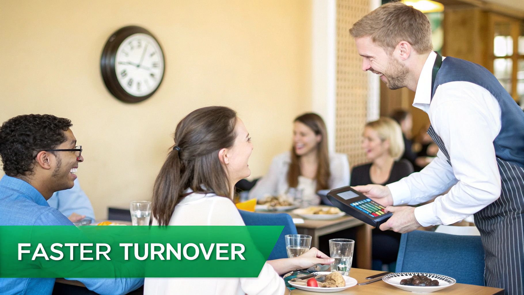 Smiling waiter uses a mobile POS system to take orders from happy customers in a restaurant, indicating faster service.