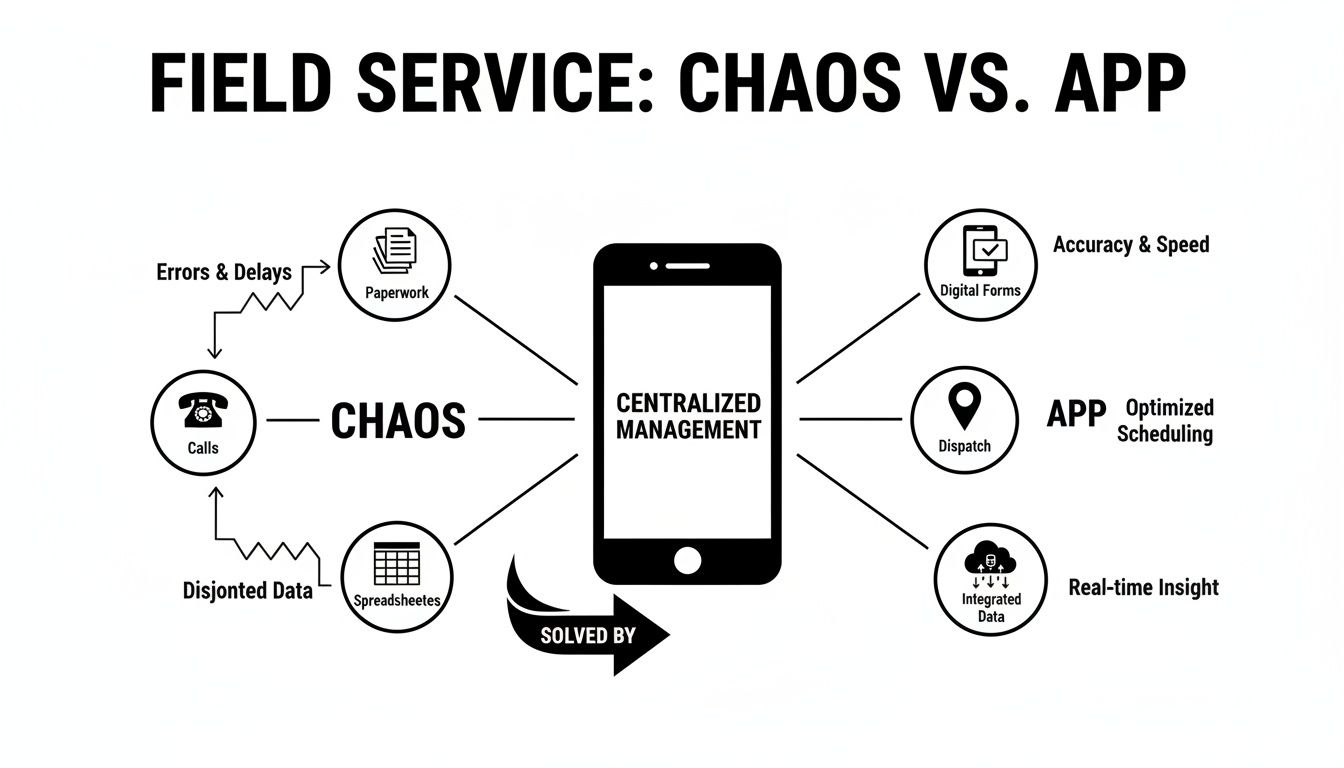 Best Field Management Software Tackon FSM in The Ultimate Mobile App for Field Service Guide 2 Infographic showing how a mobile app solves field service chaos, offering centralized management.