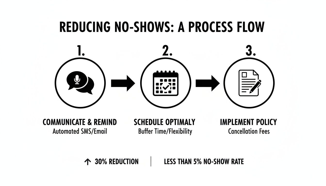 Best Field Management Software Tackon FSM in How to Reduce No Show Appointments: 9 Proven Ways to Boost Attendance 2 A three-step process flow illustrating how to reduce no-shows by communicating, scheduling optimally, and implementing policy, resulting in a 30% reduction.
