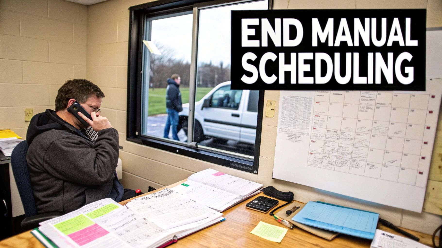 Best Field Management Software Tackon FSM in Job Scheduling Software for Contractors The Ultimate Guide to Efficiency 2 A man talks on the phone at a cluttered desk with a large calendar and an 'END MANUAL SCHEDULING' sign.