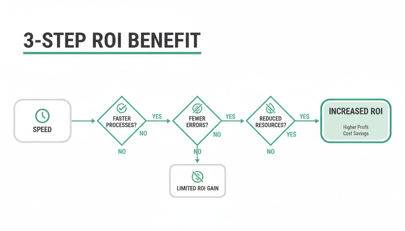Flowchart illustrating a 3-step process for increased ROI: speed, faster processes, fewer errors, reduced resources.