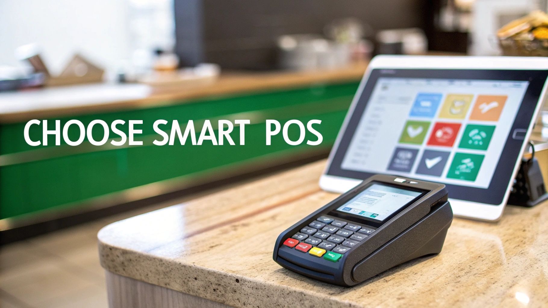 A modern point of sale system with a payment terminal and tablet on a counter, displaying 'CHOOSE SMART POS'.