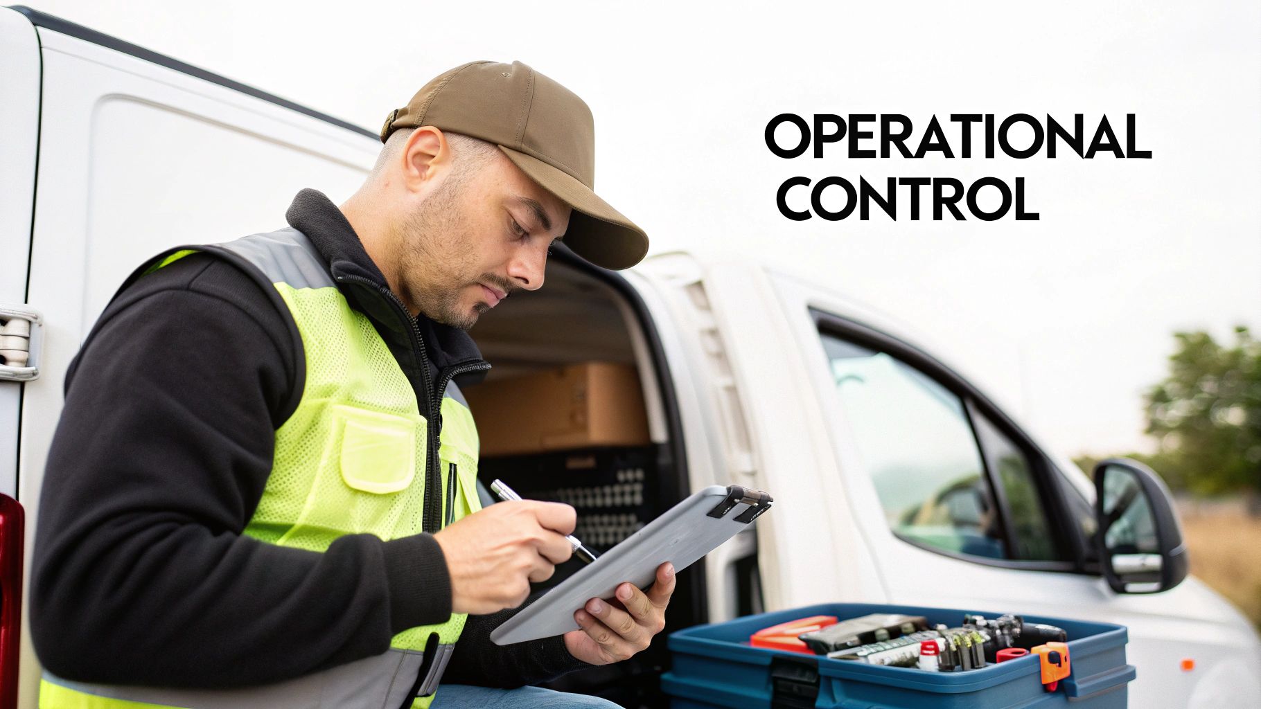 Best Field Management Software Tackon FSM in A Practical Field Service Management Software Comparison 2 A service worker in a safety vest checks a clipboard next to a white van with tools.