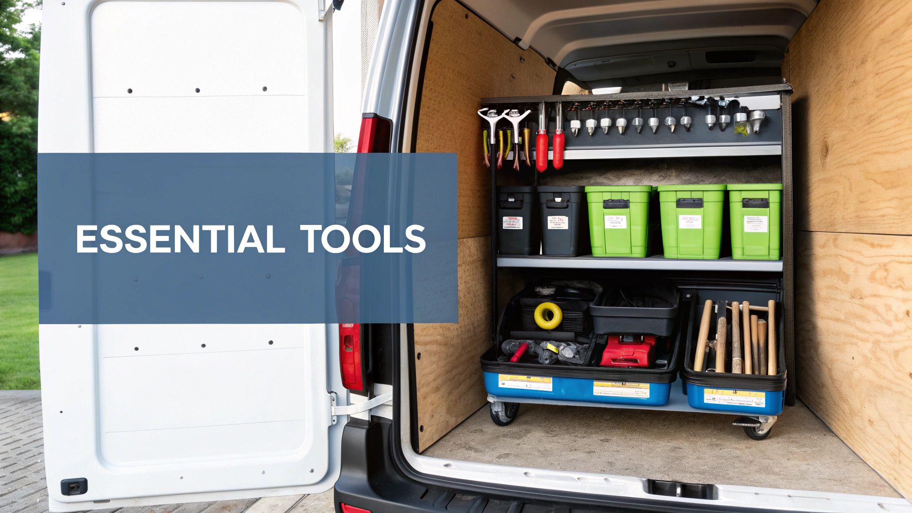 Best Field Management Software Tackon FSM in How to Start a Plumbing Business That Succeeds 4 A well-organized white van interior filled with essential tools on shelving units and storage bins.