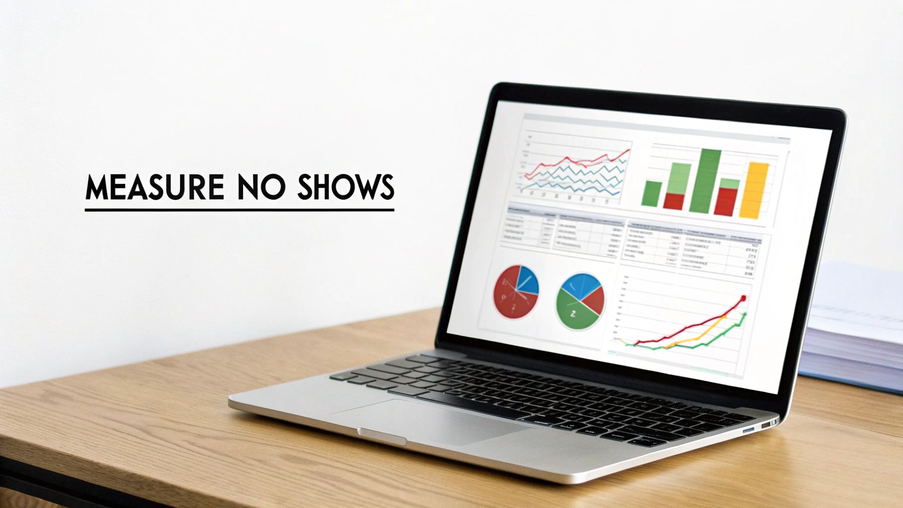 Best Field Management Software Tackon FSM in How to Reduce No Show Appointments: 9 Proven Ways to Boost Attendance 4 A laptop screen displaying data visualizations with the text 'MEASURE NO SHOWS' on the left.