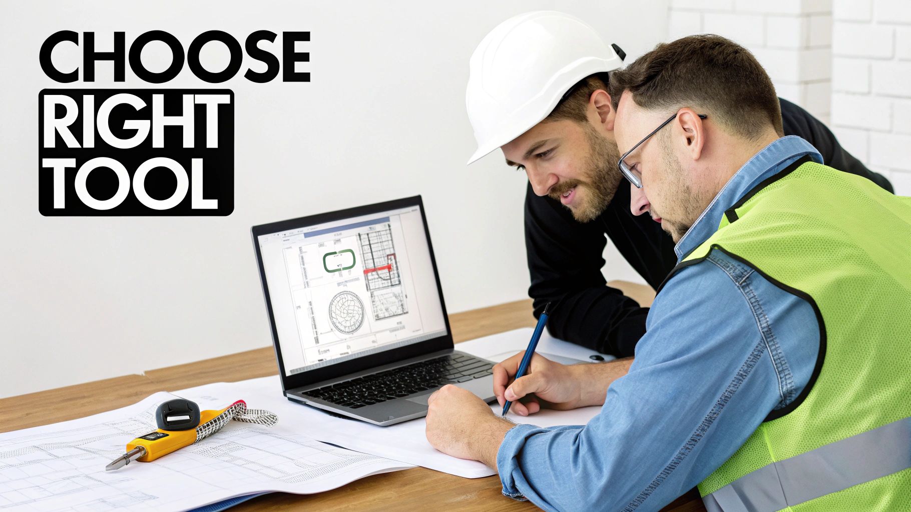 Best Field Management Software Tackon FSM in Best Electrical Estimating Software: Top Tools & Tips 2 Two engineers collaborate on architectural plans on a laptop and paper, with a multi-tool.