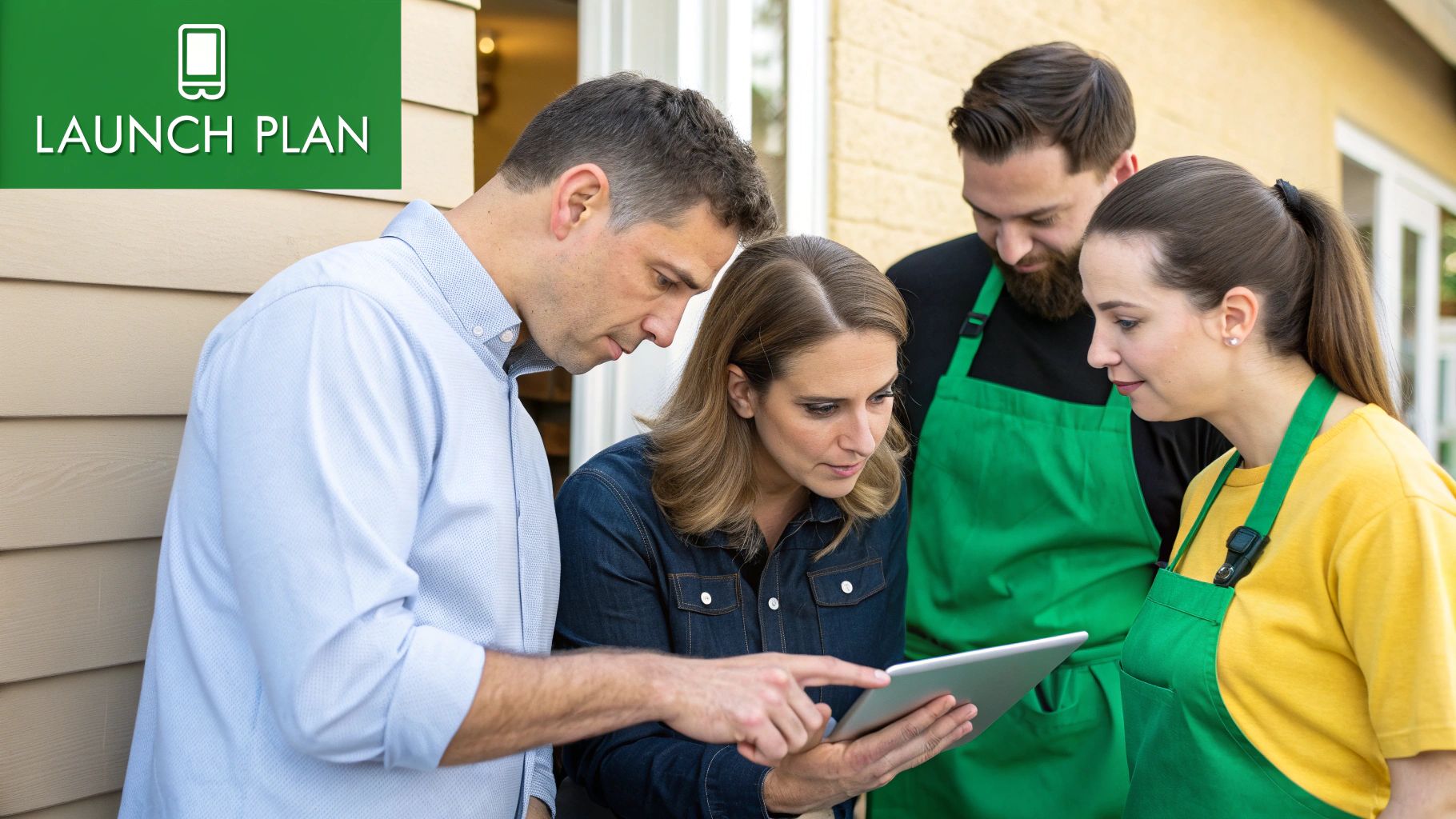 Four people, including two restaurant staff, discuss a launch plan on a digital tablet.