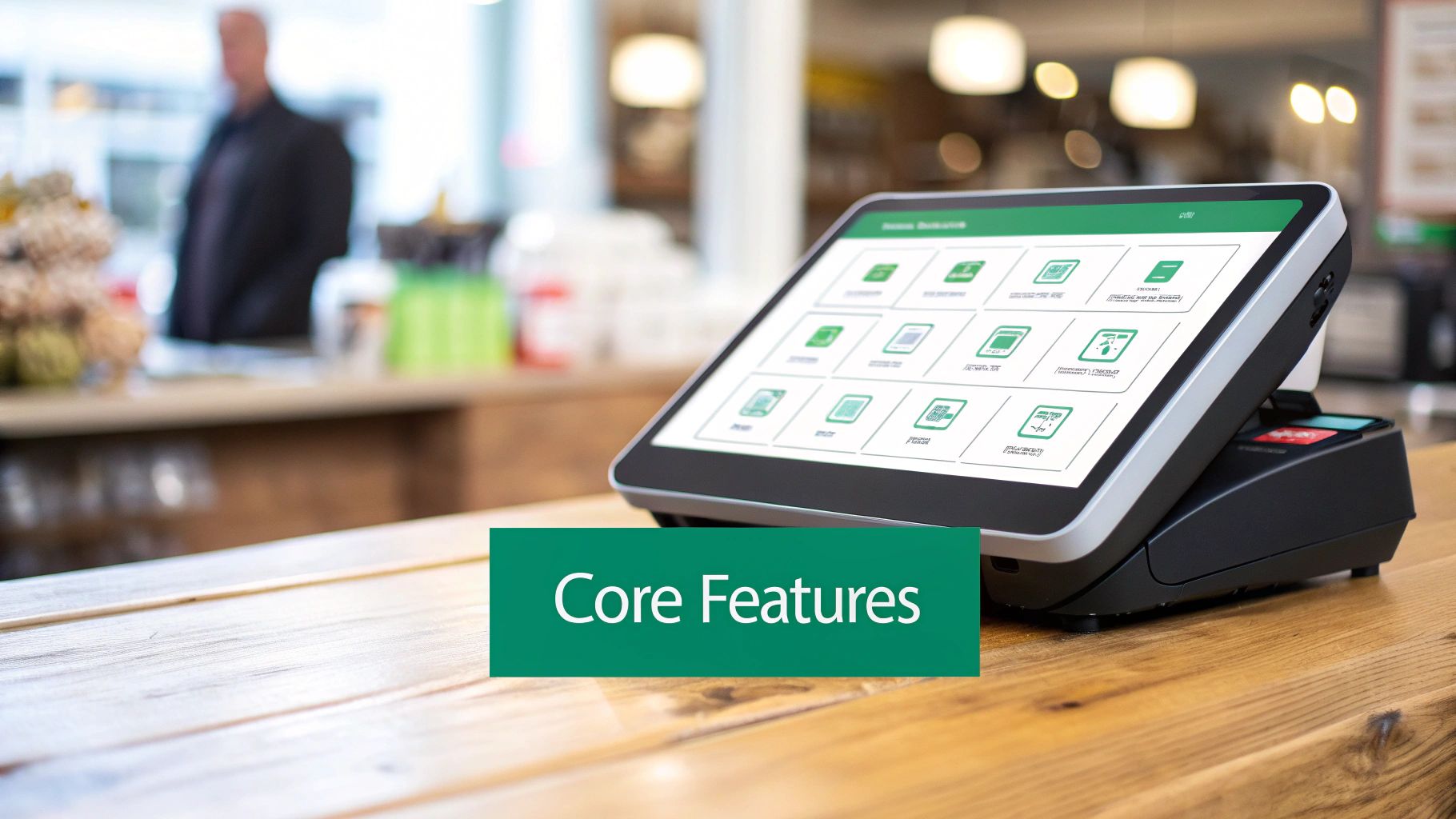 A modern touchscreen POS system displaying its core features on a green-themed interface on a wooden counter.