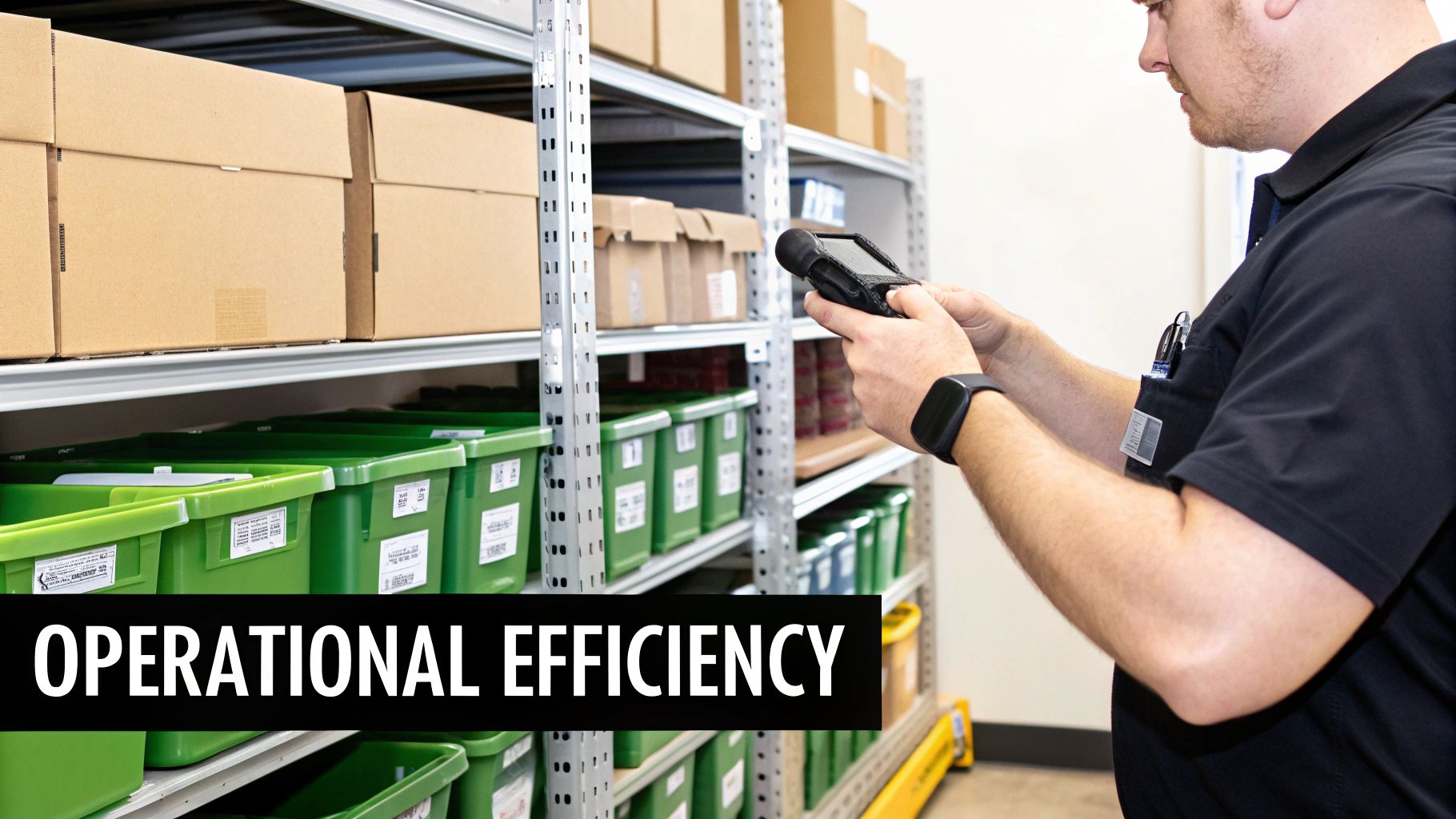 Best Field Management Software Tackon FSM in Schedule and dispatch software: Transform Operations and Grow Profits 4 Warehouse worker scans inventory on shelves filled with boxes and green bins, promoting operational efficiency.