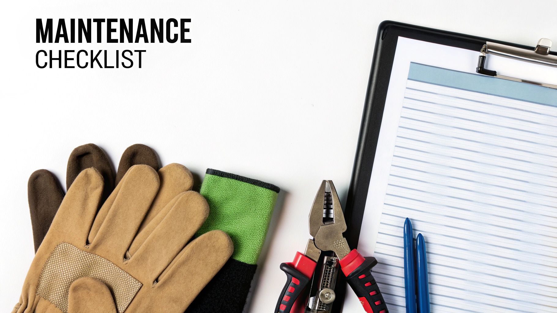 Best Field Management Software Tackon FSM in HVAC Maintenance Plan: The Blueprint for Recurring Revenue 3 Maintenance checklist title with work gloves, pliers, a clipboard, and blue pens on white.