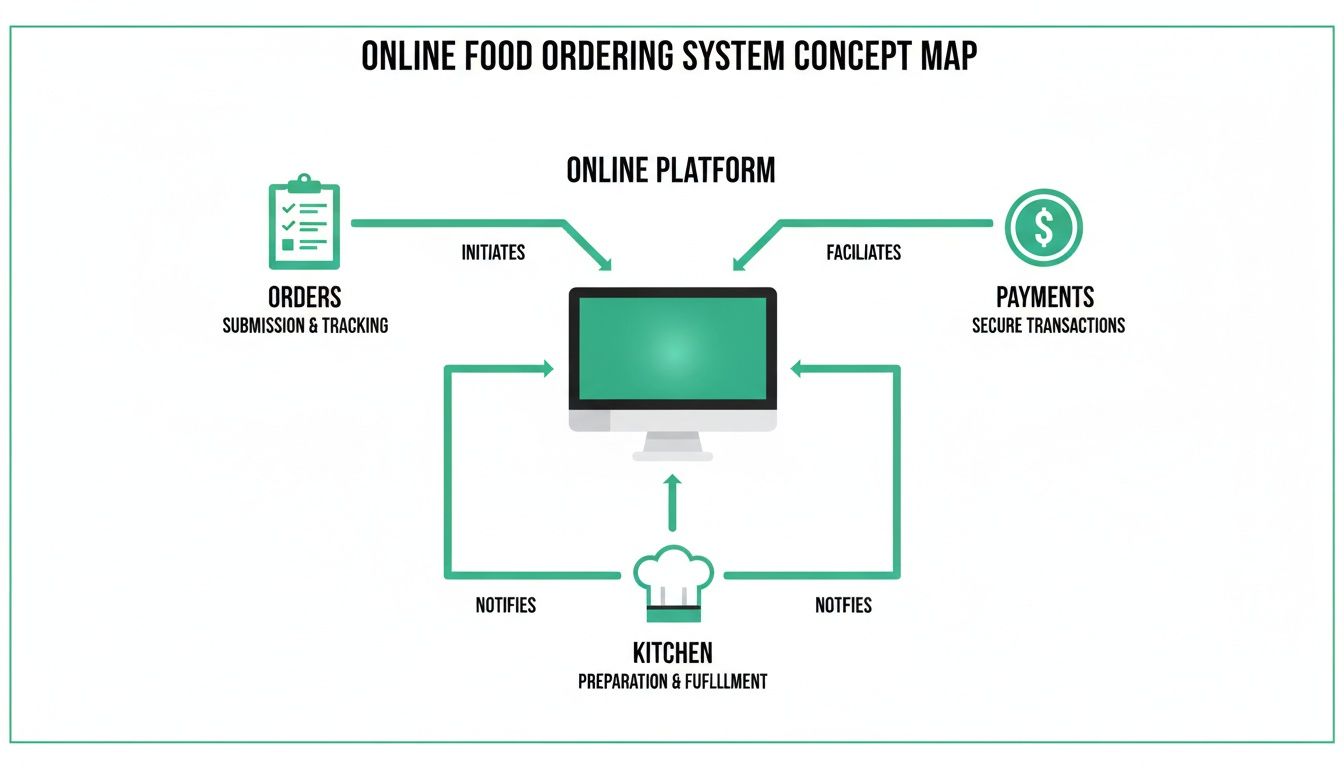 A concept map illustrating the workflow of an online food ordering system, connecting orders, platform, payments, and kitchen.