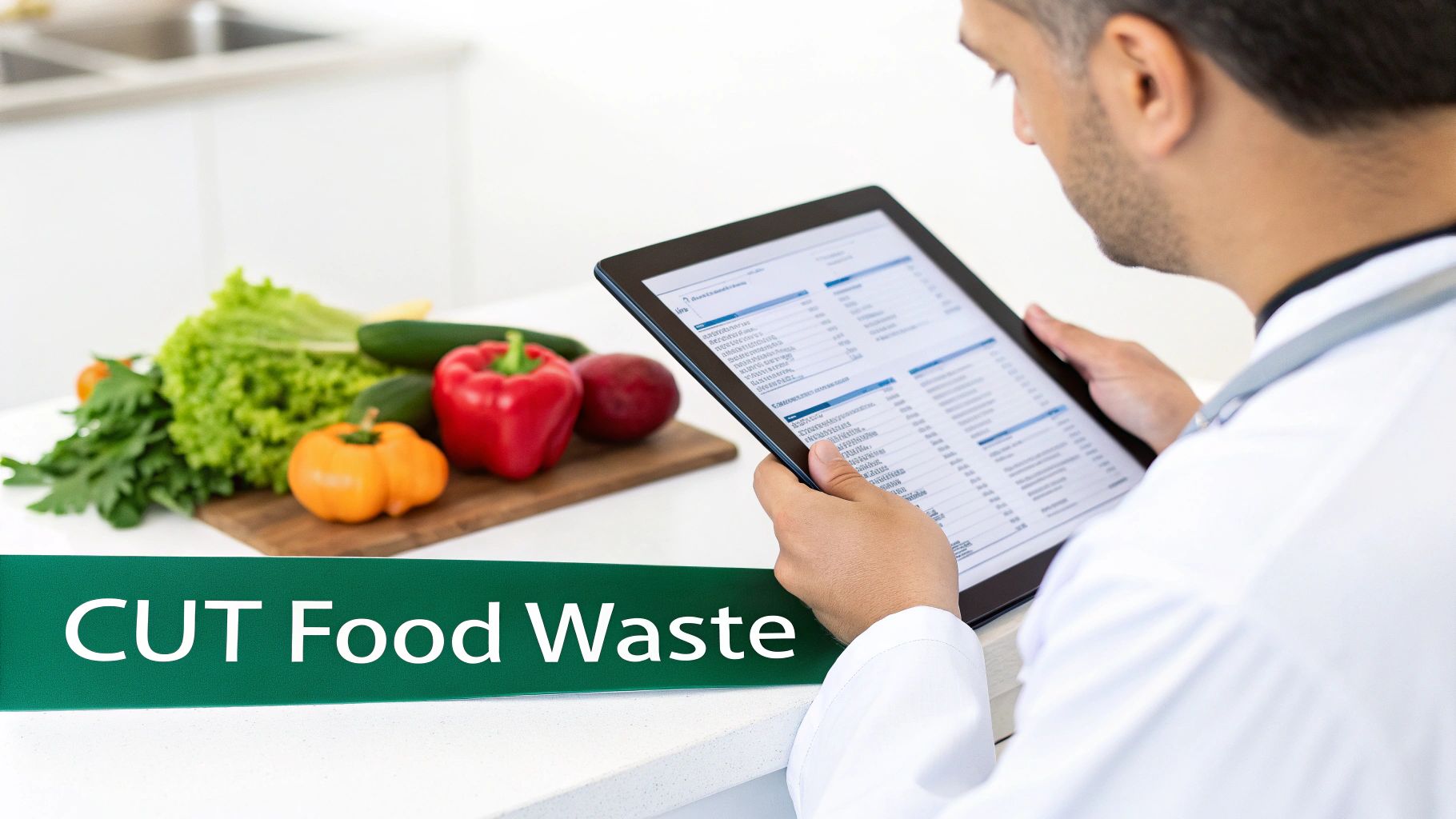 A chef using a tablet to check inventory in a restaurant kitchen storeroom