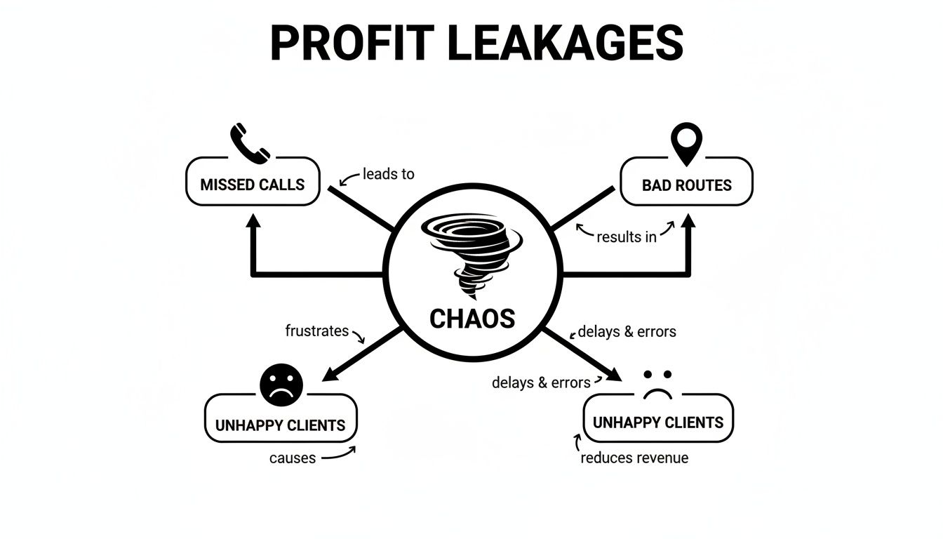 Best Field Management Software Tackon FSM in The Ultimate Guide to Electrical Contractor Scheduling Software 2 Profit Leakages diagram showing chaos from missed calls and bad routes leads to unhappy clients and reduced revenue.