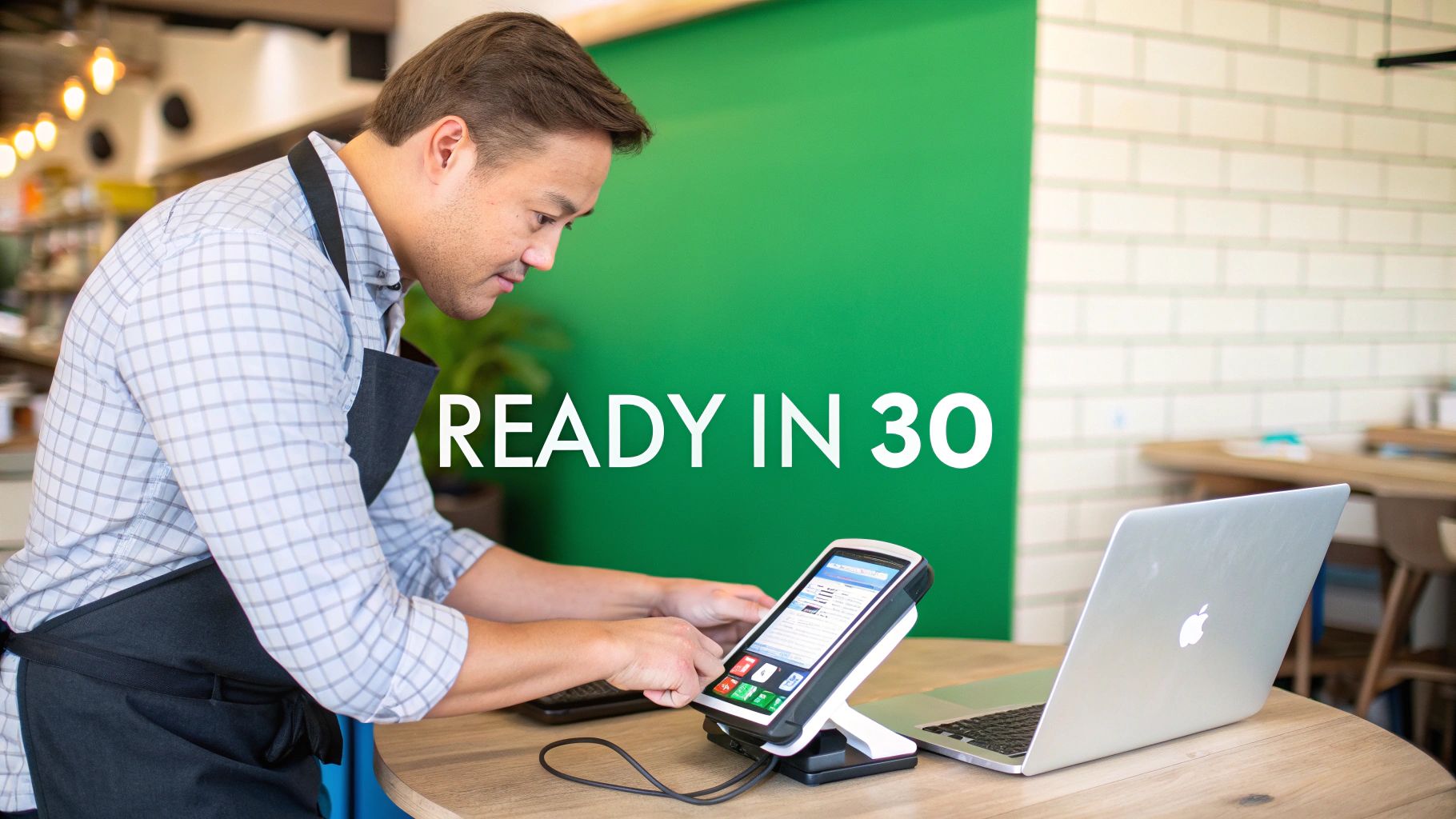 A man in an apron uses a point-of-sale terminal with a laptop in a restaurant.