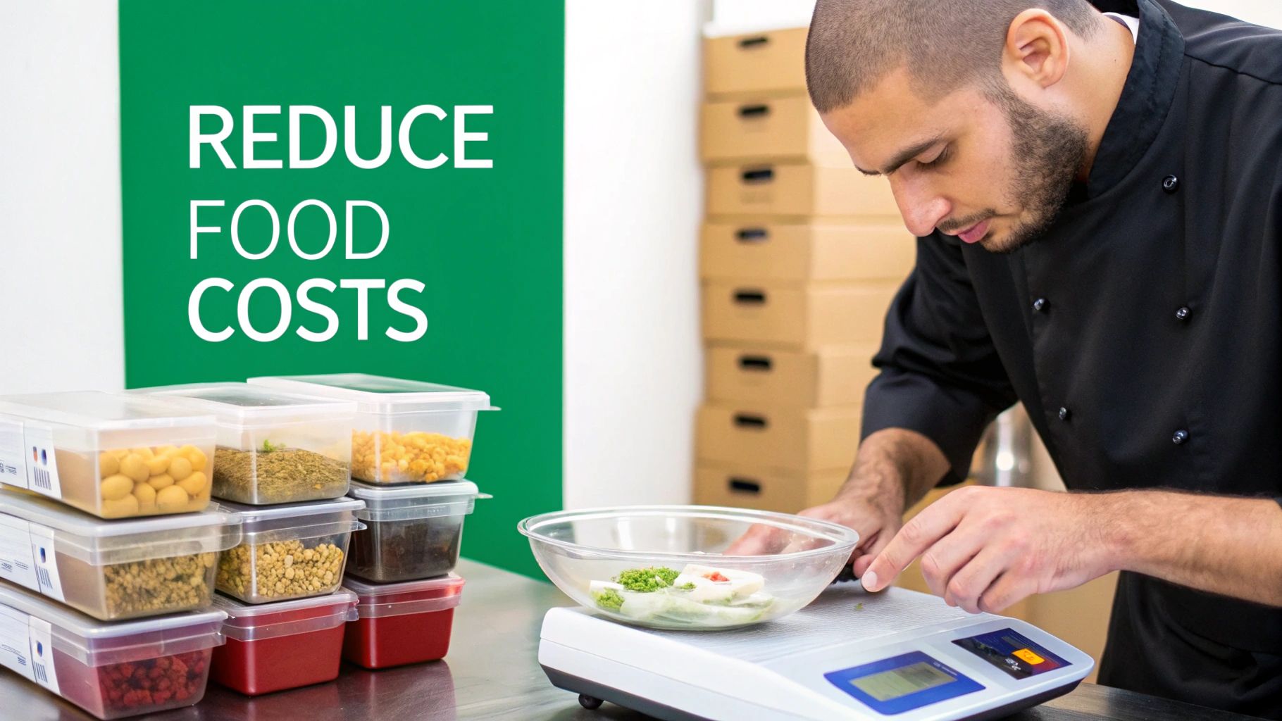 A chef precisely weighs ingredients on a scale, with stored food containers and a 'REDUCE FOOD COSTS' sign.