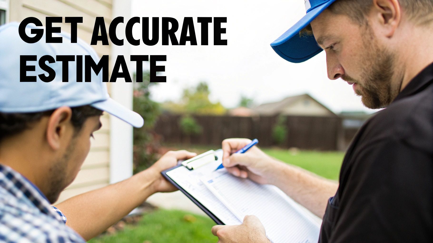 Two men, one in a light blue cap, are reviewing and writing on an estimate clipboard.