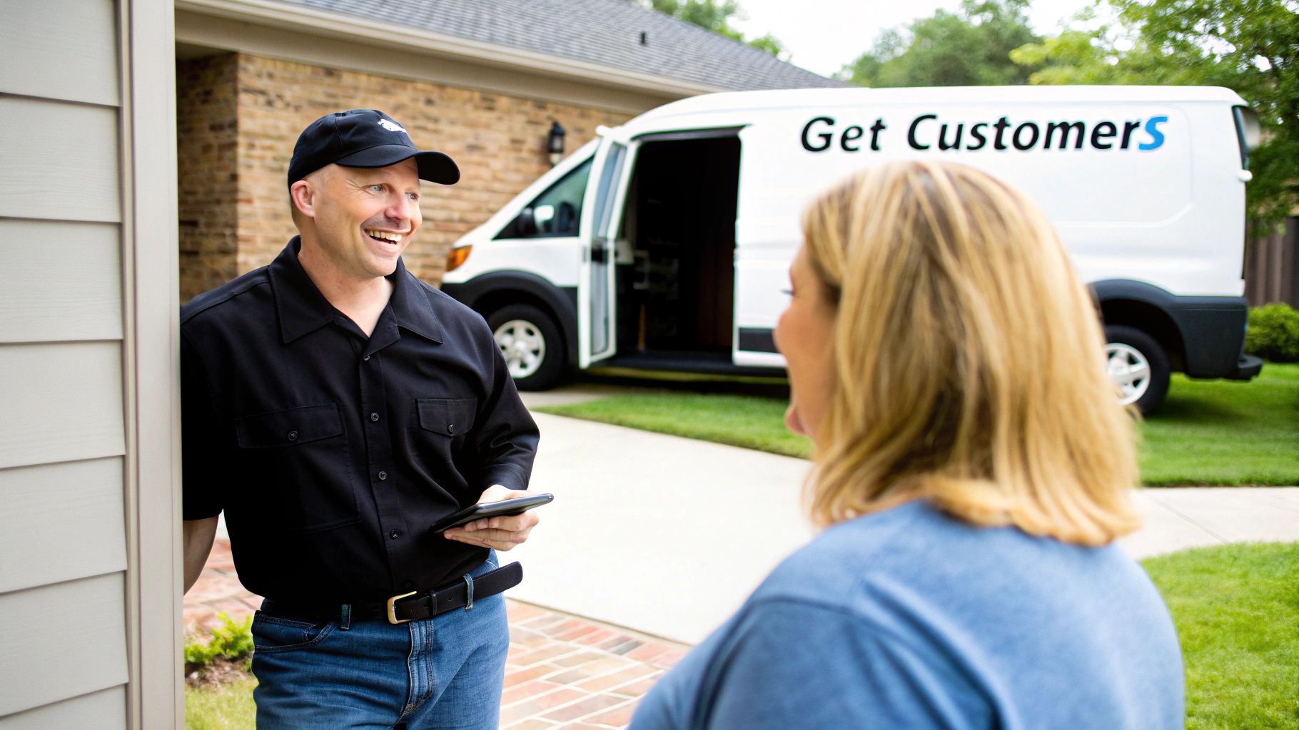 A smiling service technician with a tablet talks to a customer outside her home, near a white service van.
